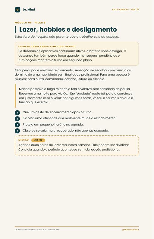 Página real do Anti-Burnout sobre lazer, hobbies e desligamento
