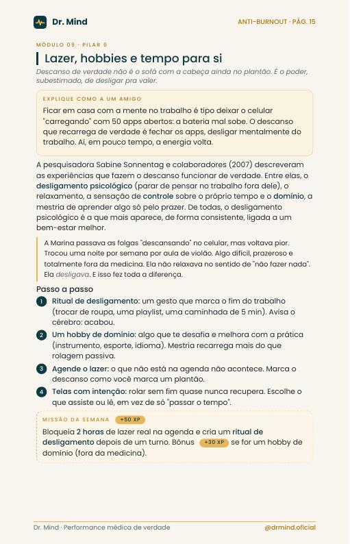 Página real do Guia Anti-Burnout sobre lazer, hobbies e tempo para si